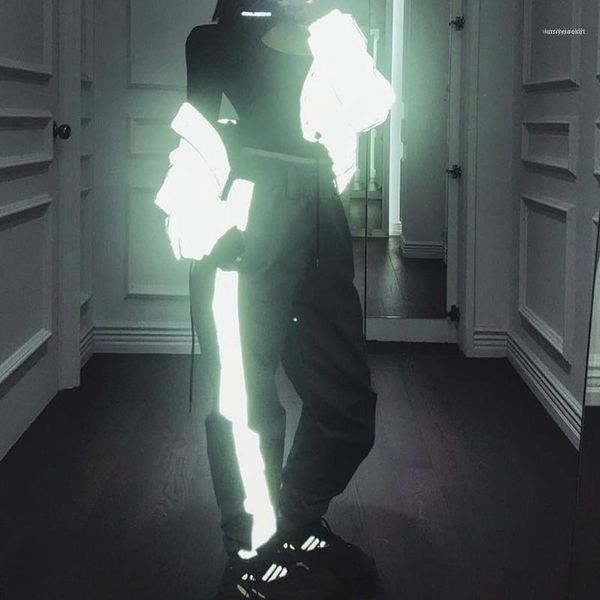 

straight pants women clothes womens designer pants fashion reflective panelled high waist pants casual natural color, Black;white