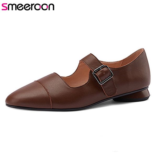 

smeeroon 2020 genuine leather flat shoes round toe buckle spring summer single shoes comfortable vintage casual ladies, Black
