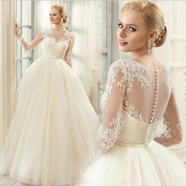 

customized long sleeves lace wedding dresses with appliques sweep train tulle plus size a line bridal gowns, White