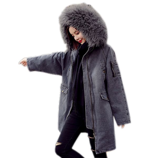 

women jacket winter new denim thick coat cotton female plus size large fur collar cotton loose mujer warm casual jacket ok008, Tan;black