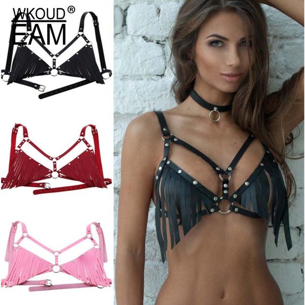 

wkoud eam 2020 new pu leather tassel sling bra women punk bikini adjustable belly chain female corset belt lady tide pf546, Black;brown