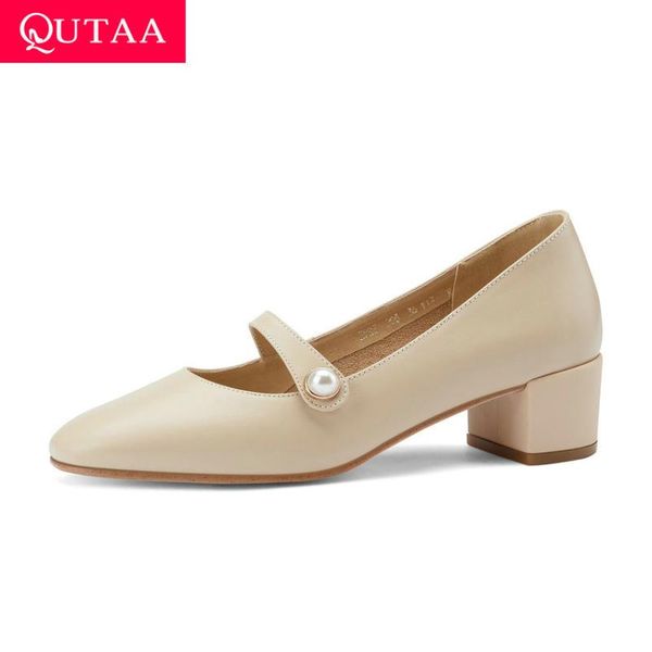 

qutaa 2021 square middle heel shallow elegant women single shoes bead cow leather round toe all match ladies pumps size 34-40, Black