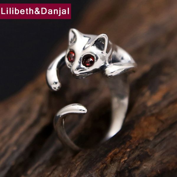 

adjustable ring 100% real 925 sterling silver natural stone crystal cute kitty fashion ring women fine jewelry 2020 r45, Golden;silver