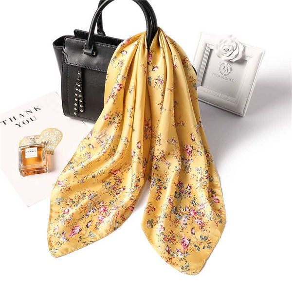 

smooth silk scarf for women 2020 floral print neck hair kerchief lady's foulard head band female square scarves, Blue;gray