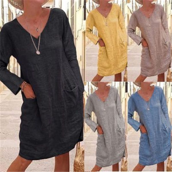 

women v-neck dress fashion trend long sleeve solid color dresses designer female autumn winter loose casual pocket holiday dress, Black;gray