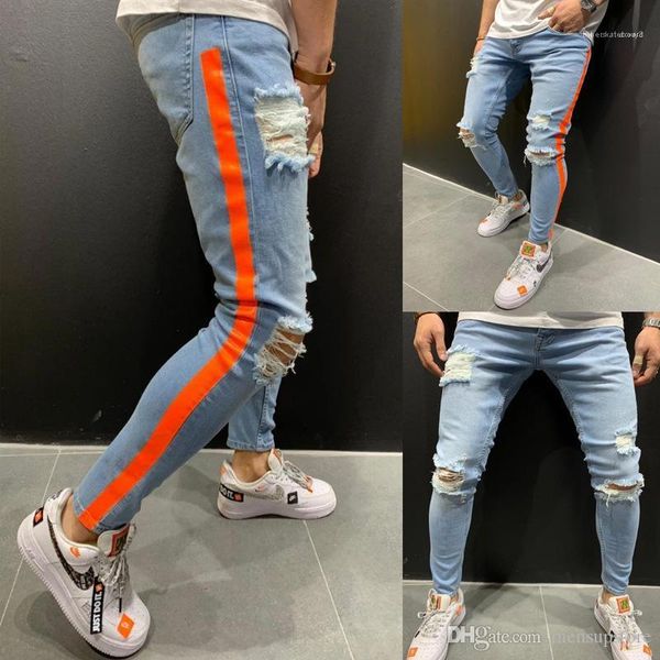 

pants mens red striped jeans spring autumn fashion ripped blue designer biker jean