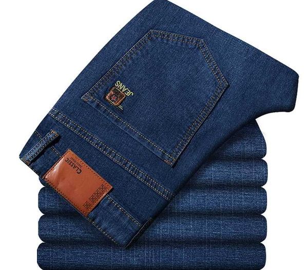 

autumn and winter new solid color plus size men's wide leg loose casual stretch jeans obese oversized business straight pants, Blue