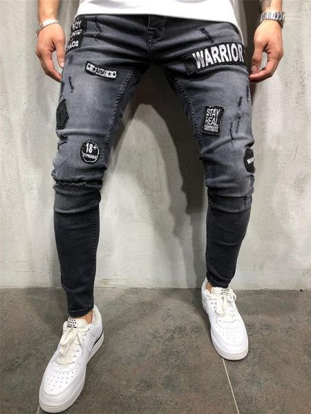 

patching badge fashion style homme apparel mens designer casual jeans pencil pants tight black hole, Blue