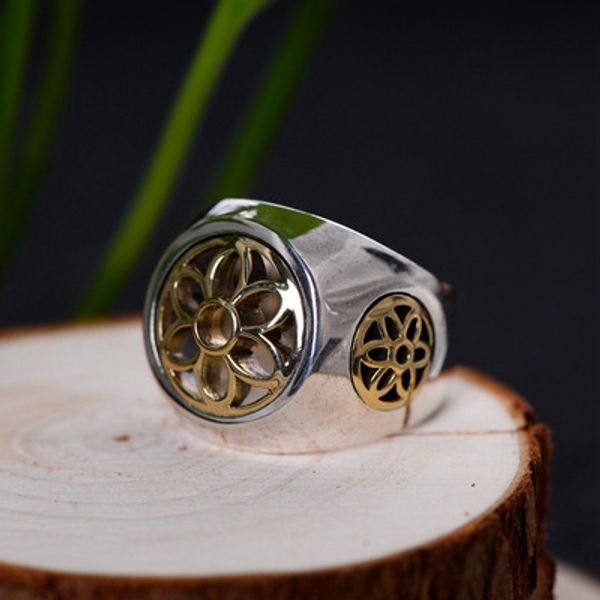 

new jewelry sterling silver men's single ring sun flower cherry blossom retro european and american men's ring