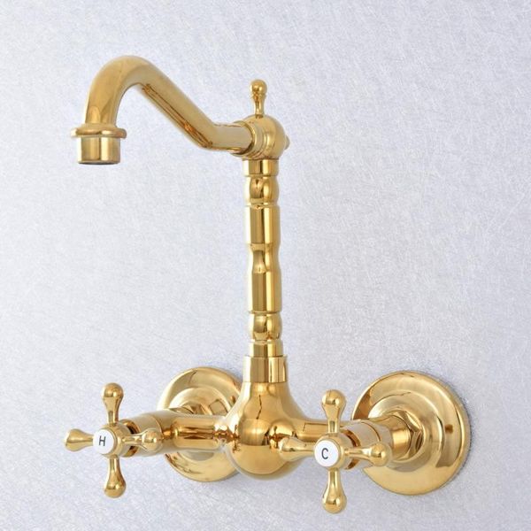 

wall mount luxury gold brass double cross handles swivel spout kithcen bathroom sink faucet mixer tap lsf618