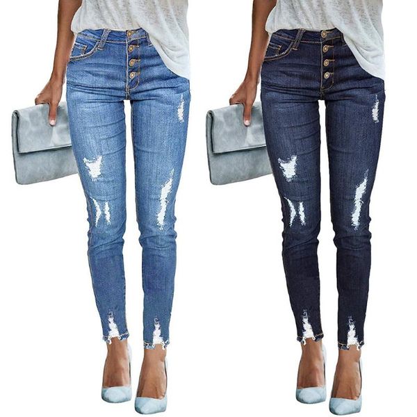 

new women pants fashion buttons high hole slim fit denim jeans trousers pants casual vintage ropa mujer ladies jeans trouser, Blue