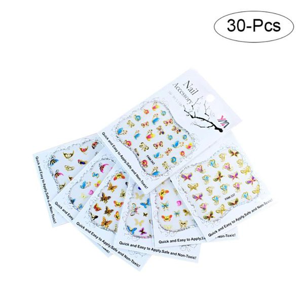 

30pcs gold silver 3d nail art sticker hollow decals mixed designs adhesive flower nail tips letter butterfly paper decoration, Black