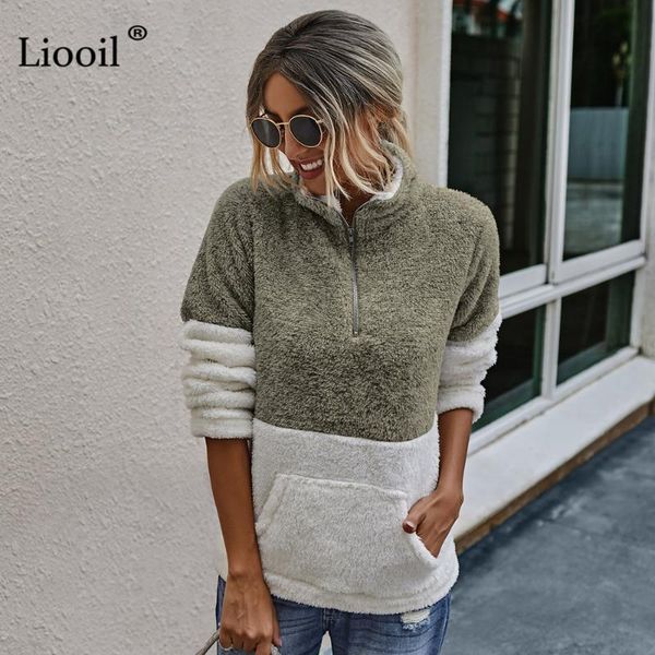 

women's hoodies & sweatshirts liooil casual patchwork sweatshirt women 2021 long sleeve turtleneck with zipper pockets womens winter cl, Black