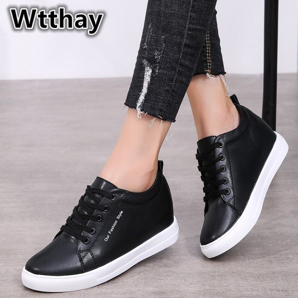 

2020 new spring autumn women casual shoes genuine leather flats sneakers lace up women platforms wedges ladies lightweight shoes, Black