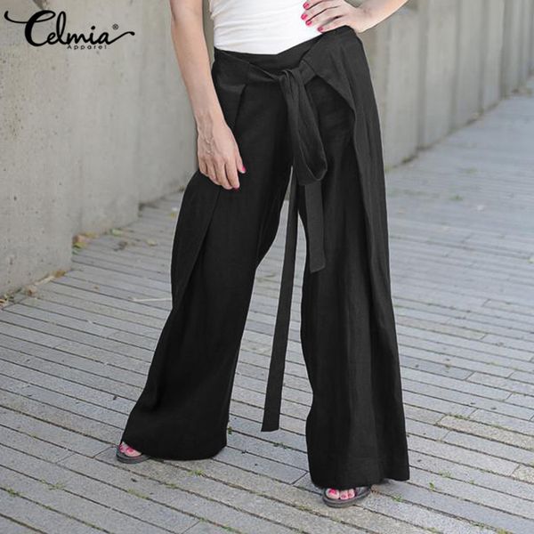 

celmia elegant pants women fashion wide leg trousers loose solid long palazzo high waist casual belted work pantalon plus size, Black;white