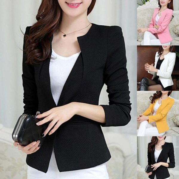 

spring women slim blazer office lady solid color long sleeve one button padded shoulder slim blazer coat, White;black