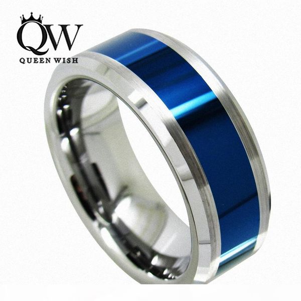 

queenwish men wedding bands tungsten carbide ring blue polished center brushed 8mm titanium color statement luxury anniversary jewellry, Slivery;golden