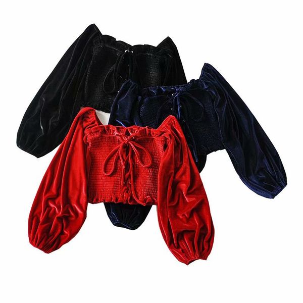 

women's blouses & shirts women puff sleeve blouse autumn female vintage cropped ruched lace up velour shirt streetwear, White