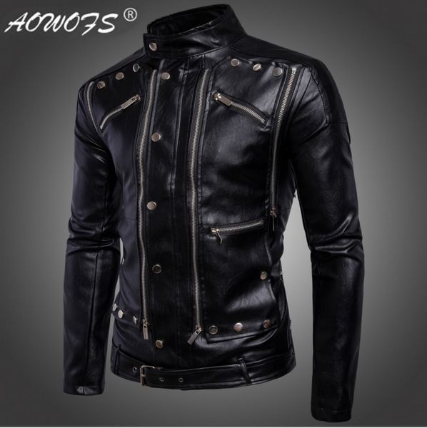 

aowofs new fashion motorcycle biker leather jackets multi-zipper black men leather jackets coats jaqueta de couro masculina 5xl