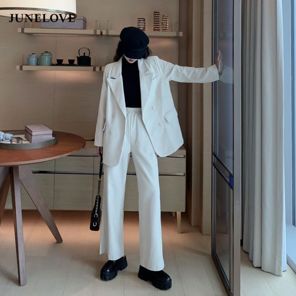 

spring women elegant sets corduroy blazer notch collar jacket female 2 pieces double breasted coats outwears bottoms, White;black