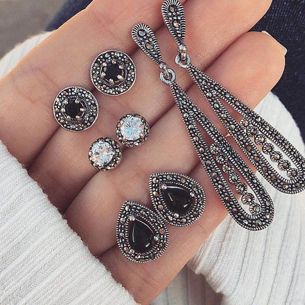 

stud ladies 4 pairs/set bohemian luxury crystal earring women wedding earrings dazzling cubic fashion jewelry lb, Golden;silver