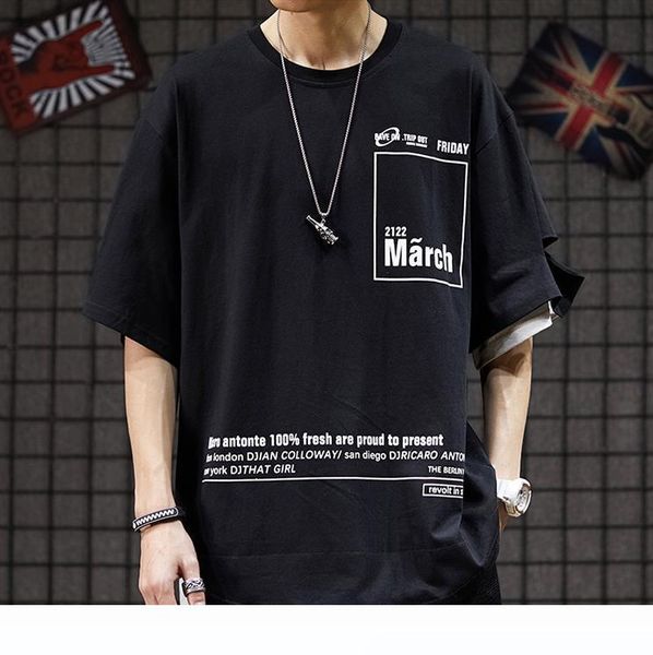 

high tide brand in europe and america loose hiphop street fashion trends hip-hop half sleeve fake two t-shirt men, White;black