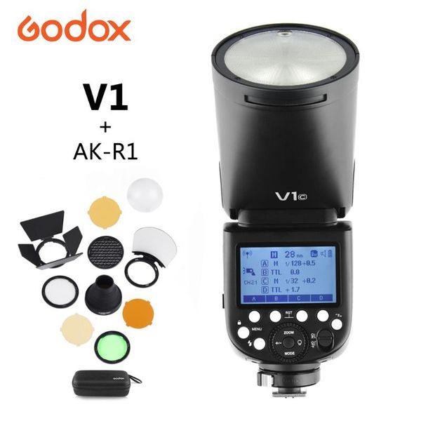 

flashes godox v1 on-camera round flash speedlight for camera r2l with ak-r1 xpro triger