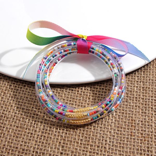 

jjfoucs 5 pcs/set glitter jelly bangles 32 color beads filled silicone plastic bowknot bangles women girls all weather wholesale, Black