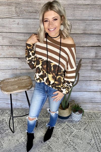 

brown striped leopard long sleeves blouse, White