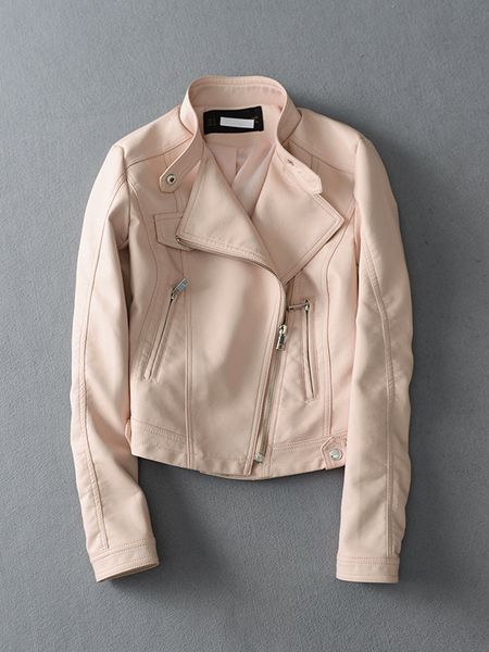 

white pu leather short moto zipper 2020 classic basic winter jacket women outwear coat, Black