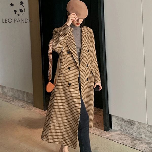 

women's wool & blends 2021 women coat outerwear winter clothing fashion warm woolen female elegant double breasted grid long, Black
