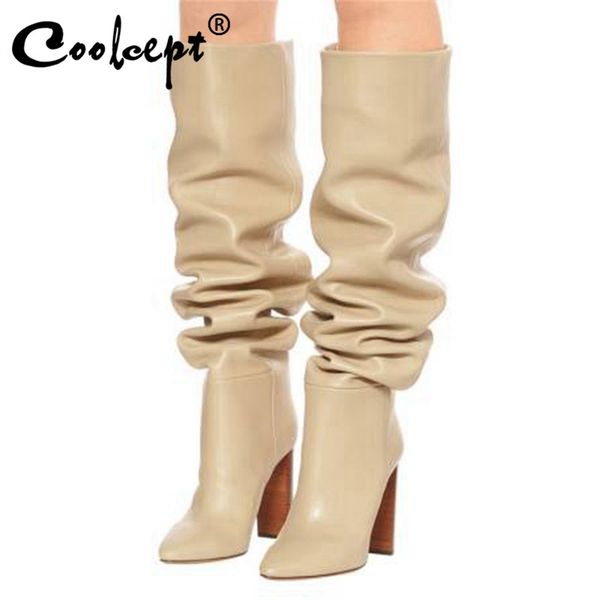 

coolcept women knee high boots poin ted toe thick high heel silp on shoes fashion party street ladies footwear size 33-44, Black