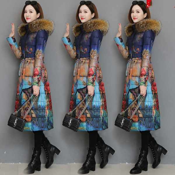 

зима женщины 2020 печать белая утка вниз real raccoon меховой воротник куртки женщины нью-сгущает с капюшоном пальто дамы тонкий шинель p112, Black