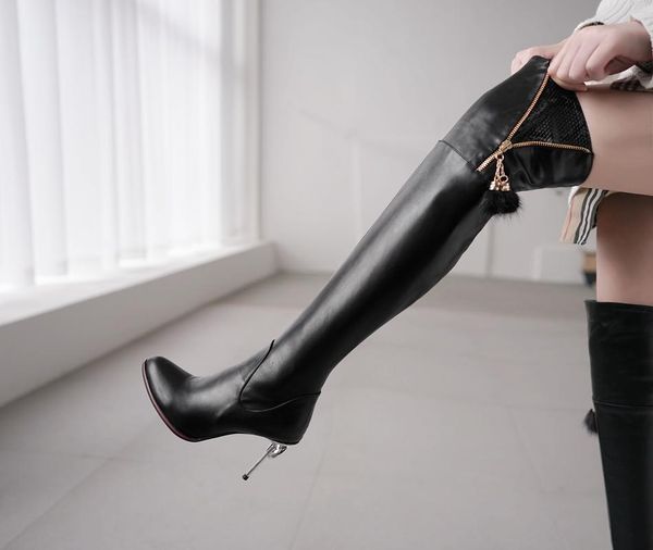 

boots thigh high over the knee women shoes snakeskin pointed toe 9.5cm heels quality long femme size 34-49 2021, Black