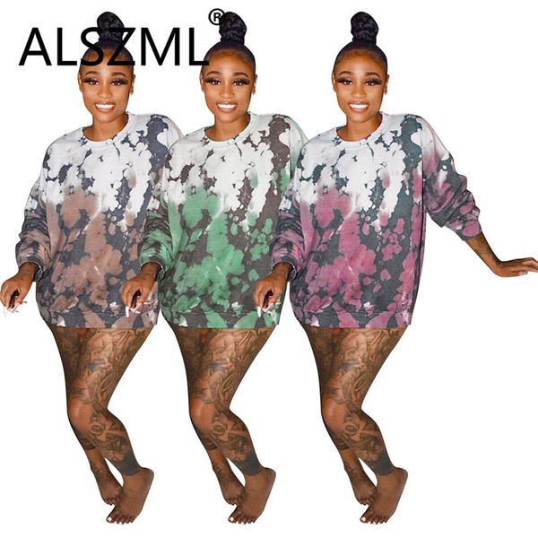 

young party women fashion o neck long sleeve tie-dye t shirt casual lady fashion high street lady tee, White