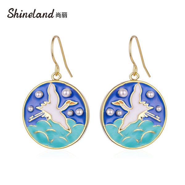

shineland ethnic fashion simulated pearl bird cloud drop dangle earrings big round enamel animal brinco jewelry for women girls, Silver