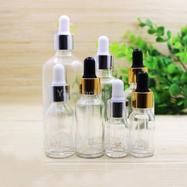 

5ml,10ml,15ml,20ml,30ml,50ml,100ml clear glass dropper bottles,gold,silver collar empty essential oil vials black,white rubber