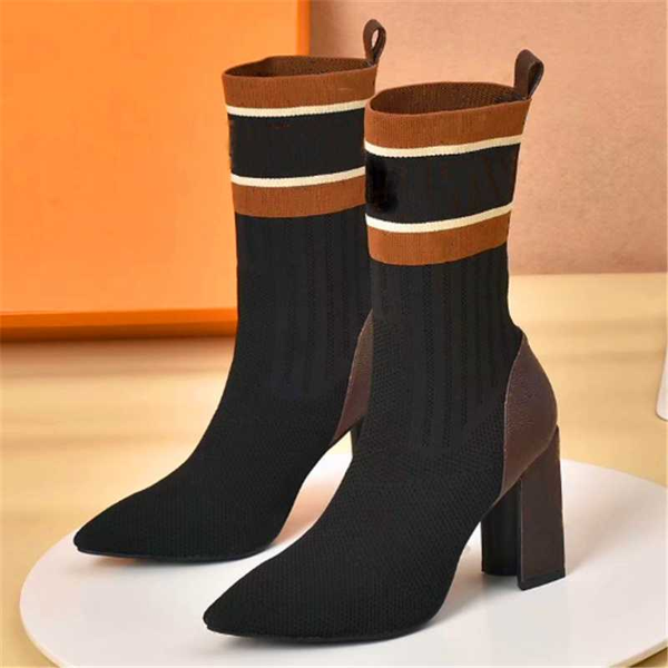 

pointed toe short boots retro neutral thick high-heeled short boots all-match fashionable socks women's shoes, Black