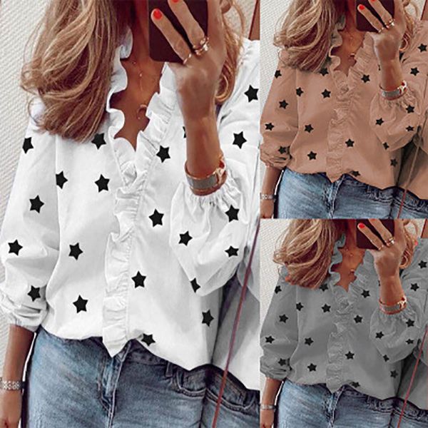 

2020 new europe and america style womens long-sleeved v-neck blouses ladies ruffle stars printing shirts 5 colors size s-3xl, White