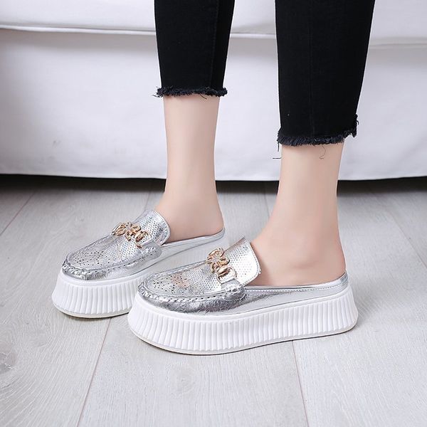 

light breathable sneaker women fashion shoes comfortable popular half slippers thick bottom leather shoes, Black