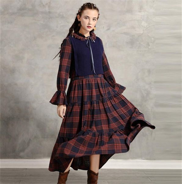

brought plaid pattern long dress flare sleeve autumn casual dress designer teenager womens dress fashion doll, Black;gray