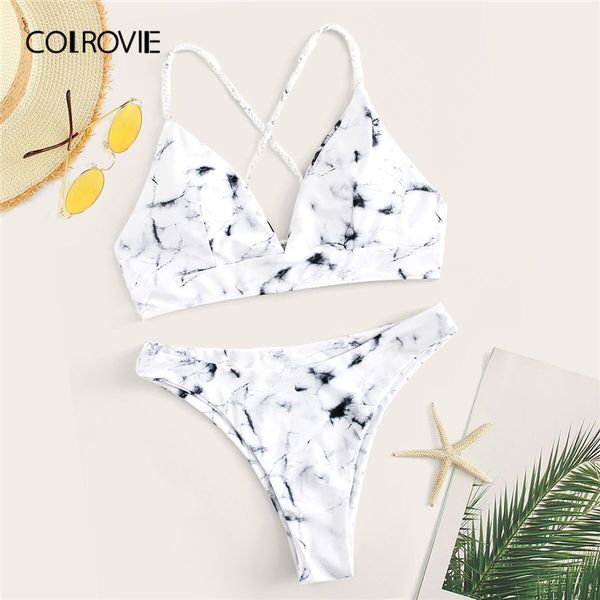 

colrovie marble pattern criss cross and high cut boho swimwear women bikini set 2020 wireless beach bathing swimsuit, White;black