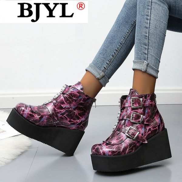 

2020 new fashion winter metal buckle ankel boots women punk female platform boots wedges high heels pu women botas mujer, Black