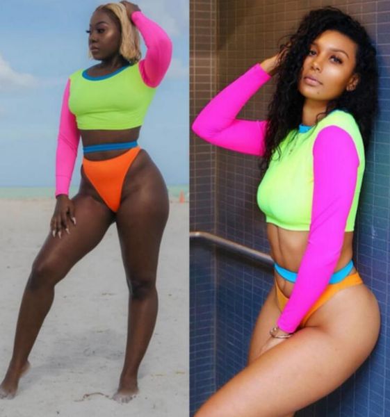 

женщины лоскутная бикини с длинным рукавом красочные crop top hipster 2pcs / компл купальники летние купальники купальники ooa6711