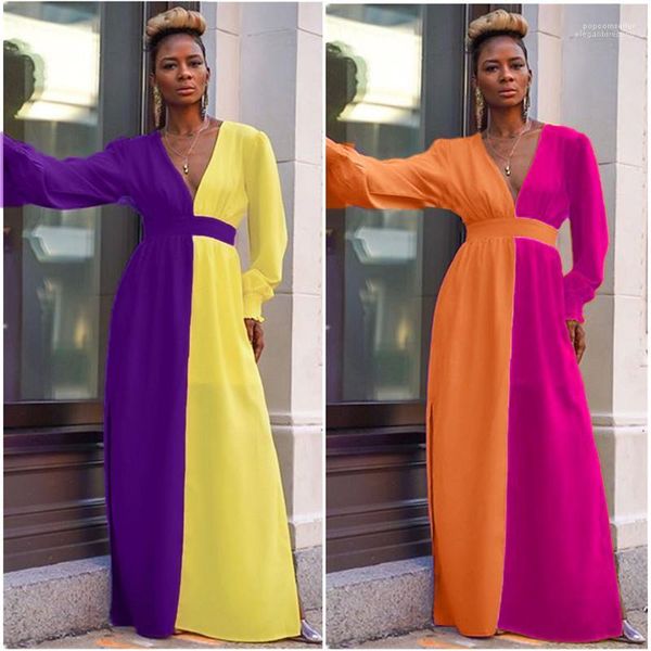 

panelled womens dresses fashion v neck split casual clothes ladies spring autumn long dress designer color, Black;gray