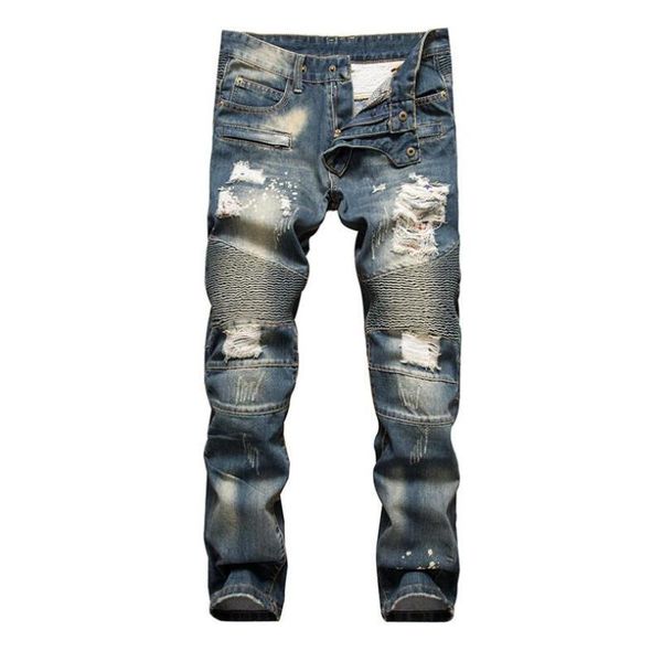 

men's jeans men moto biker holes pleated denim fashion straight long casual, Blue
