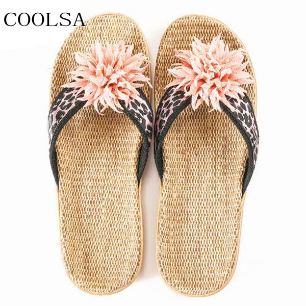 

coolsa women's beach flip flops fashion leopard flower linen slippers indoor l home flax slippers women slides flat sandals, Black