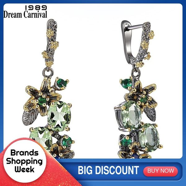 

dreamcarnival 1989 new arrrived antique earrings for women vintage flower style two tones green zircon jewelry drop ships we3874, Golden;silver