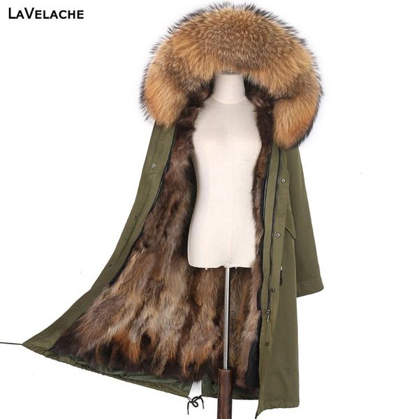 

lavelache real fur winter coat women x-long parkas 7xl real fur liner natural raccoon collar hood waterproof jackets, Black