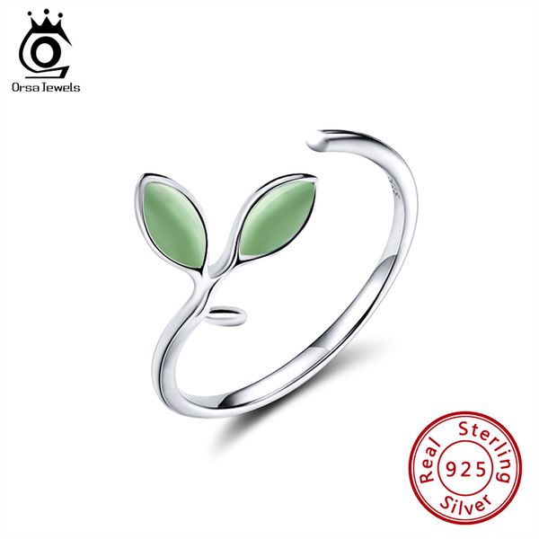 

orsa jewels real 925 sterling silver women ring leaf pattern green stone resizable silver rings wedding band jewelry gift osr92, Golden;silver